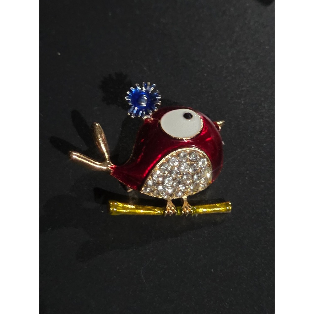 Red RobinBird Brooch Pin Red Rhinestone Enamel Whimsical Nature Accessory